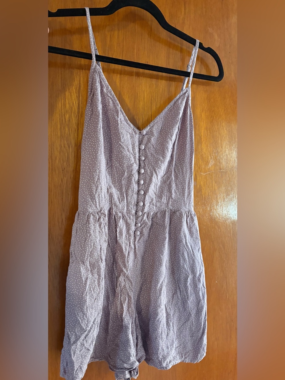 Lilac Slip Romper with Button Front and polka dots